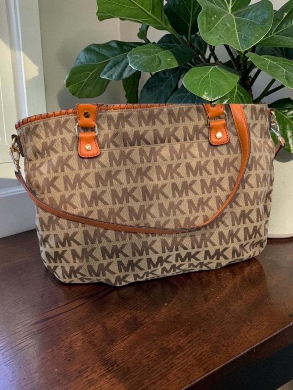Michael Kors Brown MK Logo Tote with Orange, EC - Picture 5 of 7